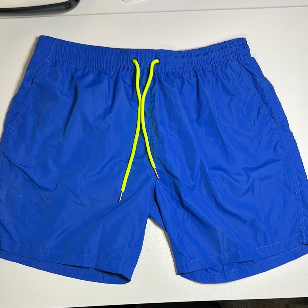Blue Swim Shorts with Neon Yellow Drawstring